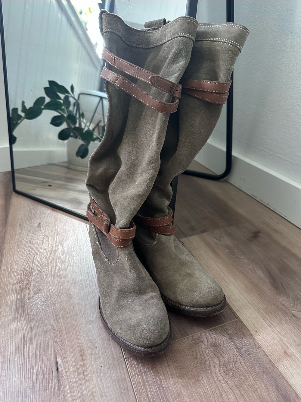 Frye Knee-High Suede Boots in Olive brown with Brown Straps